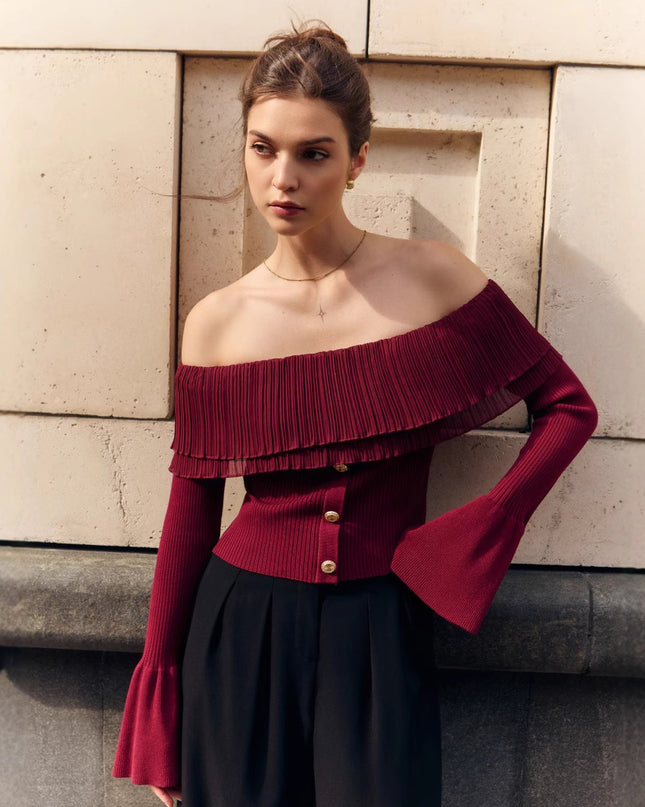 Off-shoulder Collar Long Sleeve Clinch Splicing Knitwear