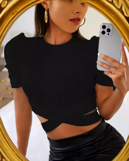 Solid Color Rib Fabric Slim Elastic Thread Round Neck Puff Short Sleeve