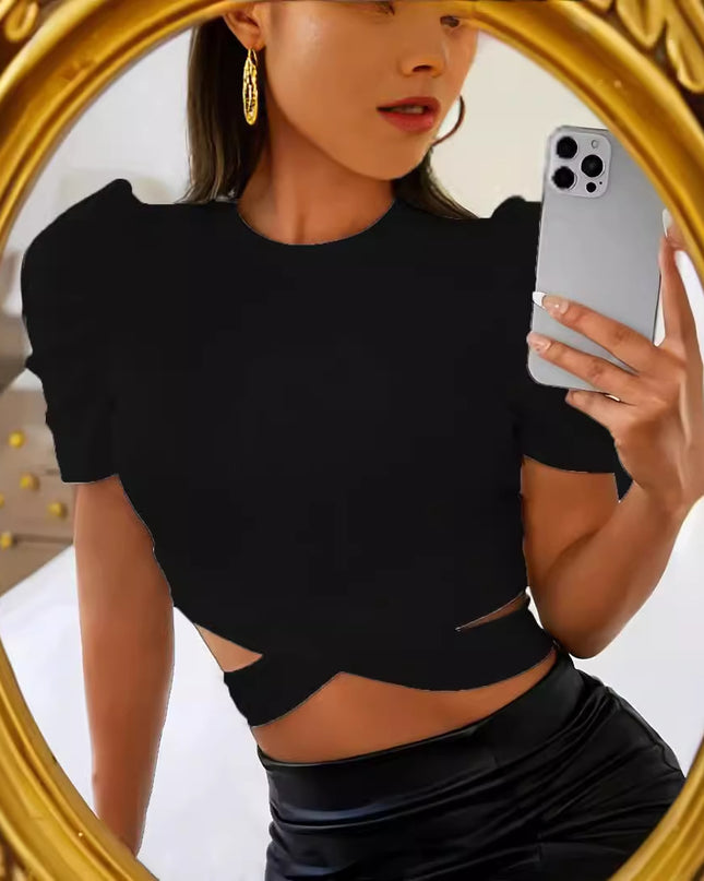 Solid Color Rib Fabric Slim Elastic Thread Round Neck Puff Short Sleeve