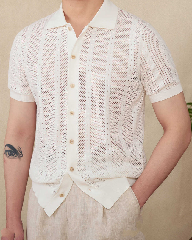 Short Sleeve Lapel Cardigan Breathable Stripes Knitted Casual Shirt Men