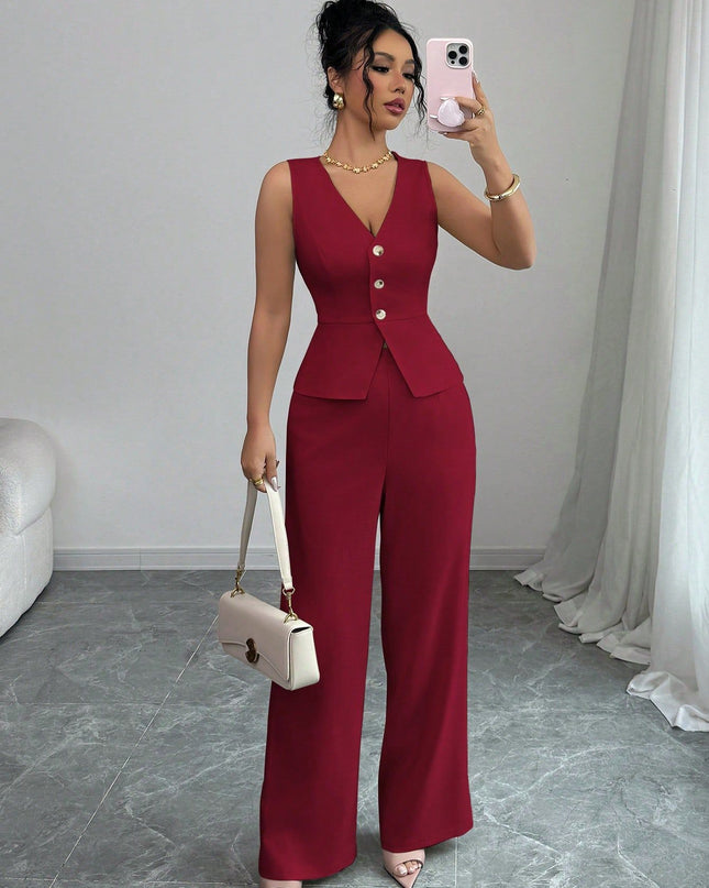 Solid Color Sleeveless Slim Fit Vest High Waist Trousers Two-piece Set