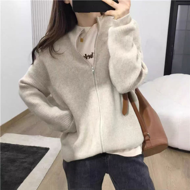 New Outdoor Idle Style Solid Color Zipper Knitted Cardigan Top