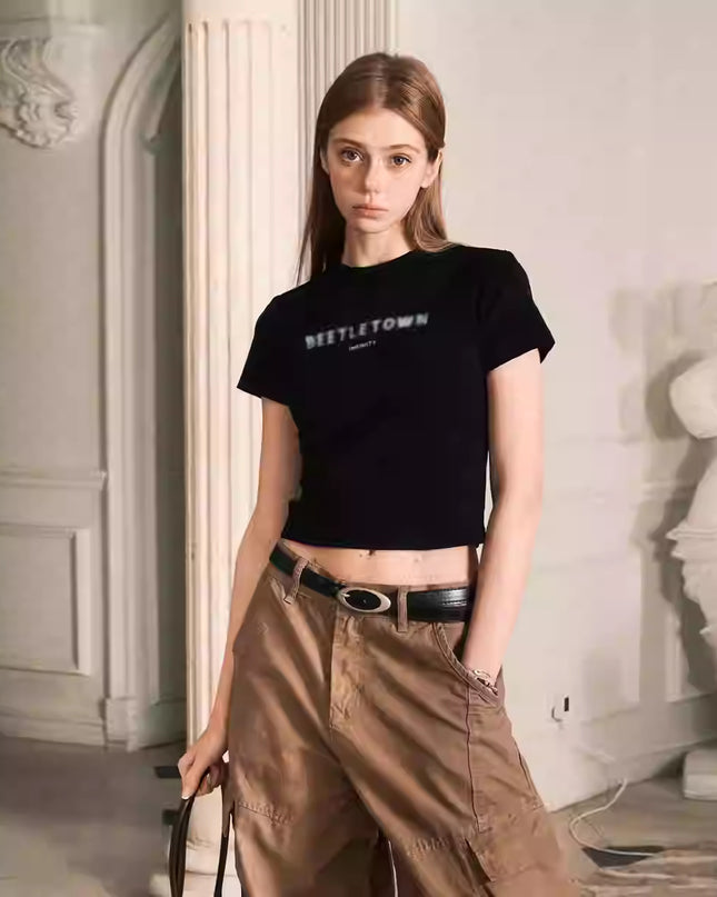 Fuzzy Letter Slim Fit Short T-shirt For Women