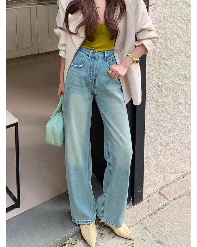 Ripped Narrow Version Wide-leg Loose Drape Mopping Pants Hot Girl High Waist Women's Straight Denim Trousers