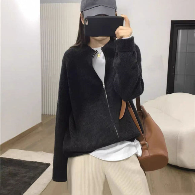 New Outdoor Idle Style Solid Color Zipper Knitted Cardigan Top