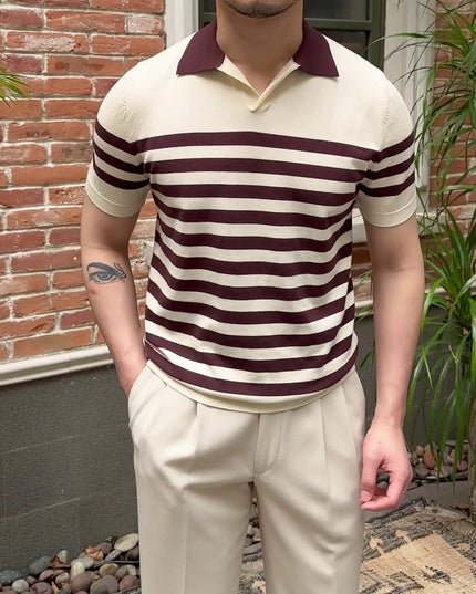 Lapel Lyocell Short Sleeve Fashion Breathable Stripes Polo Shirt