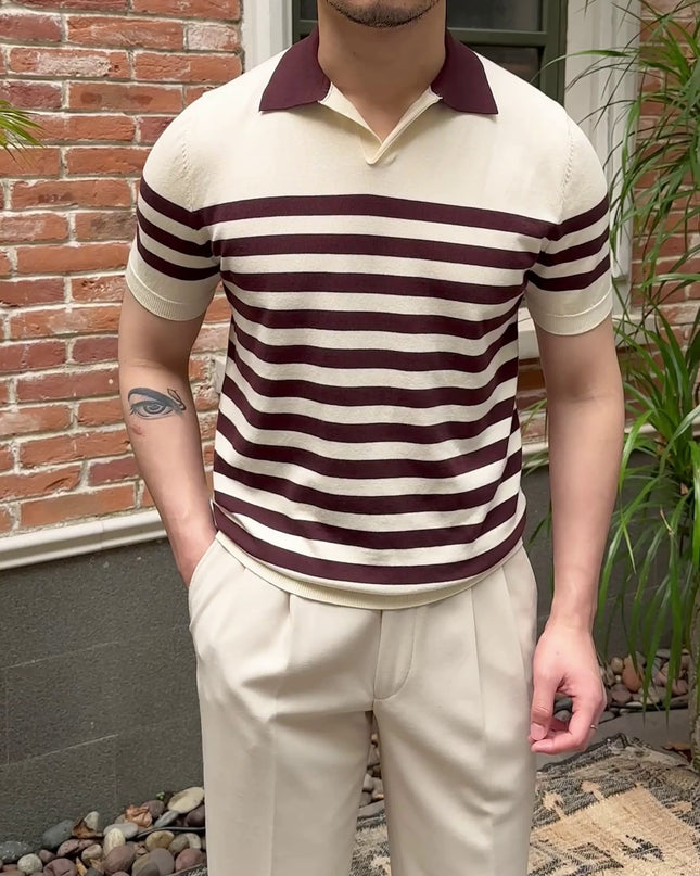 Lapel Lyocell Short Sleeve Fashion Breathable Stripes Polo Shirt