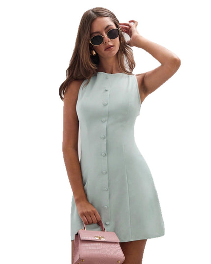 Women's Solid Color Temperament Breasted Sleeveless Dress