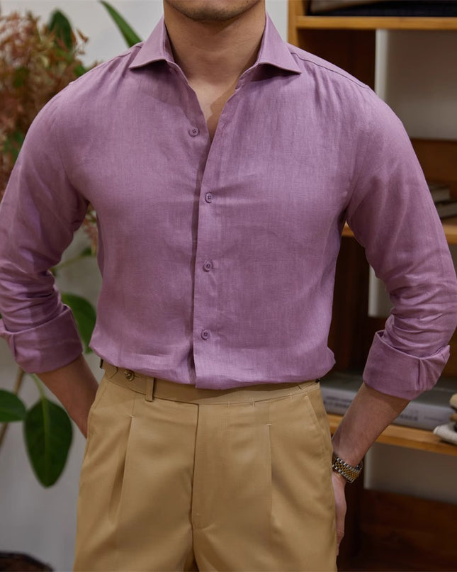 Men's Cotton Linen Casual Solid Color Long Sleeve Shirt
