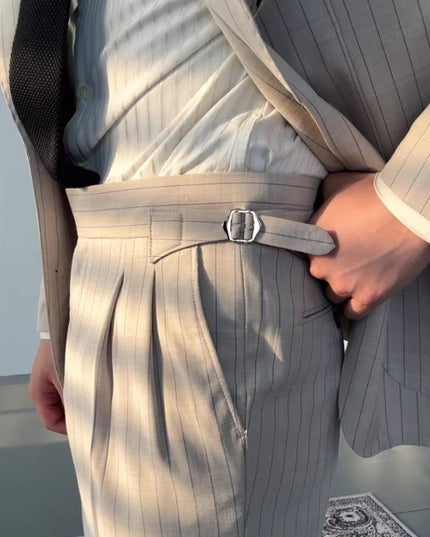 Striped High-waisted Trousers Casual Business Buckle Adjustable Pants
