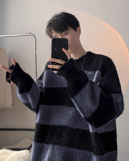 Black And White Striped Sea Sweater Men's Pu Handsome Idle Style Thick
