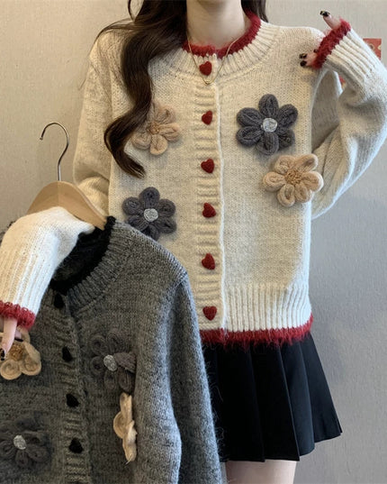 French Style Temperament Flower Round Neck Sweater Short Knitted Cardigan