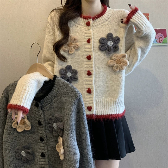 French Style Temperament Flower Round Neck Sweater Short Knitted Cardigan