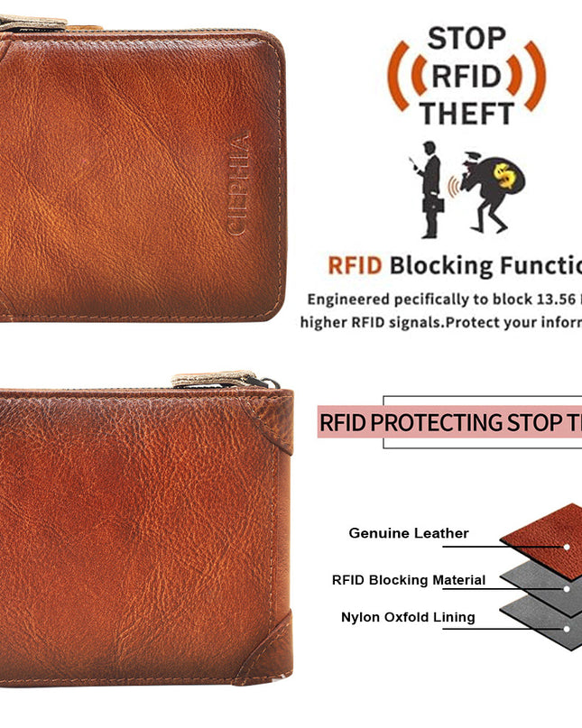 Men's Wallet Leather Short Anti-theft Swiping Zipper Multifunctional