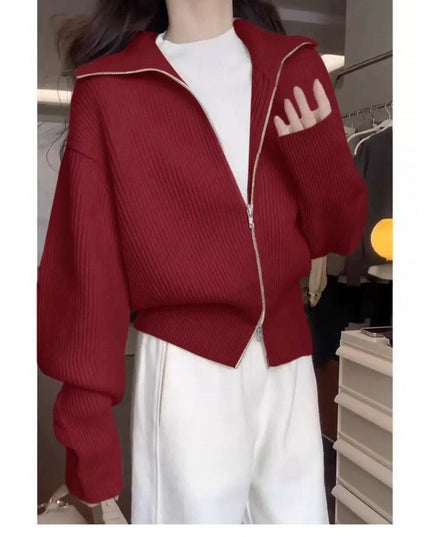 Hong Kong Style Design Double Zipper Knitted Cardigan Fashion Casual Jacket