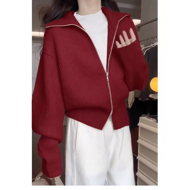 Hong Kong Style Design Double Zipper Knitted Cardigan Fashion Casual Jacket
