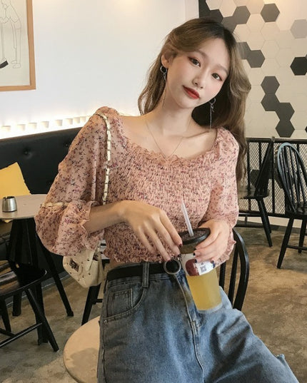 Summer Pleated Floral Print Chiffon Blouses Casual Puff