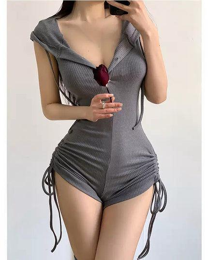 Hooded Drawstring Slim Sleeveless Backless Fitness One-piece Shorts