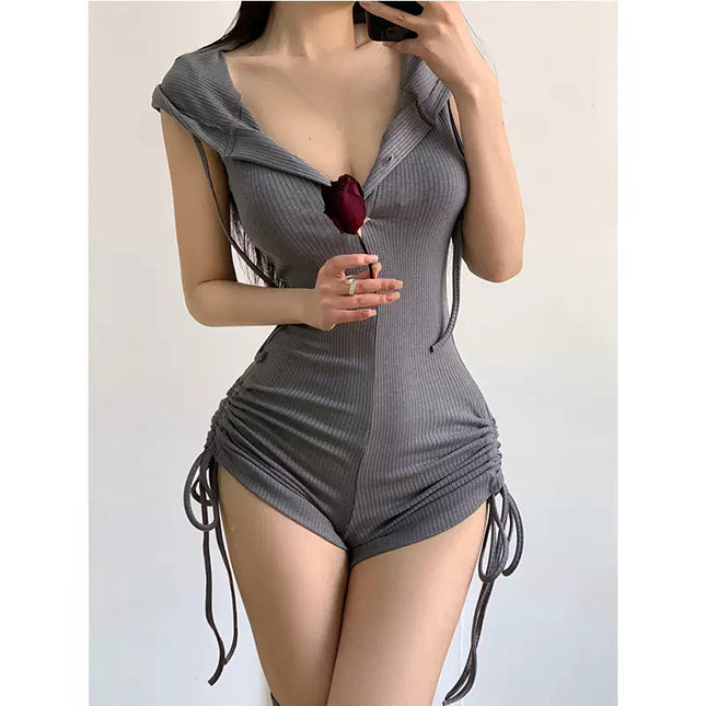 Hooded Drawstring Slim Sleeveless Backless Fitness One-piece Shorts