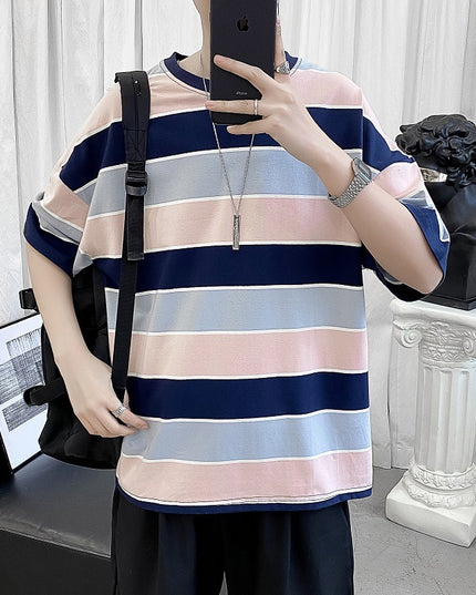 Striped Short-sleeved T-shirt Boys Hong Kong Style Couple Half-sleeved Ins Bottoming Shirt