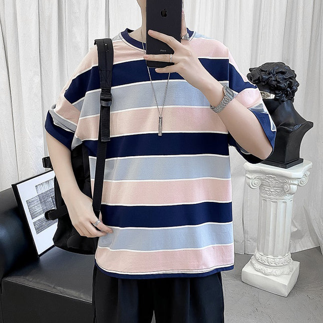 Striped Short-sleeved T-shirt Boys Hong Kong Style Couple Half-sleeved Ins Bottoming Shirt