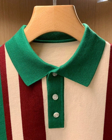 Young Vertical Striped Knitted Long Sleeve Color Matching Lapel Sweater