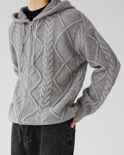Men's Zipper Hooded Solid Color Loose Rhombus Plaid Coat