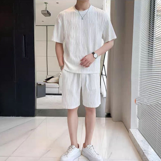 New Men's Ice Silk Fashion Short Sleeve Shorts Set