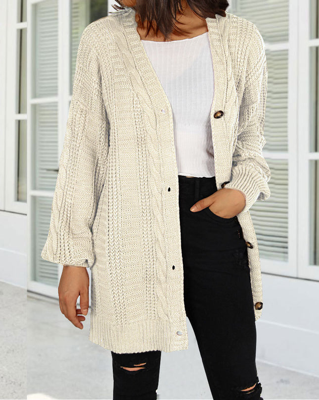 Autumn New Knitted Solid Color Plus Size Cardigan V-neck Twist Lantern Sleeve Coat For Women