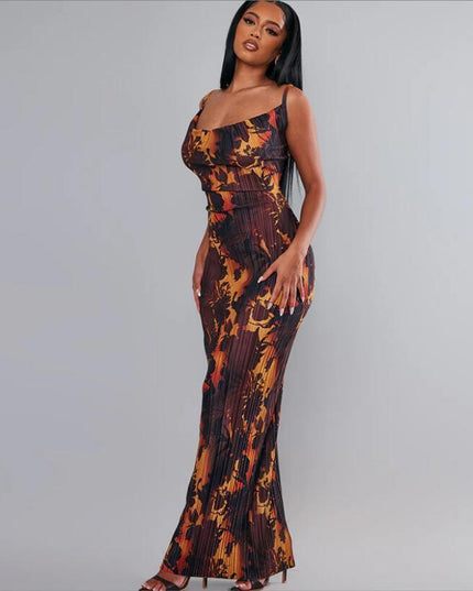 Printed Pleated Slim Fit Slimming Spaghetti Straps Maxi Dress