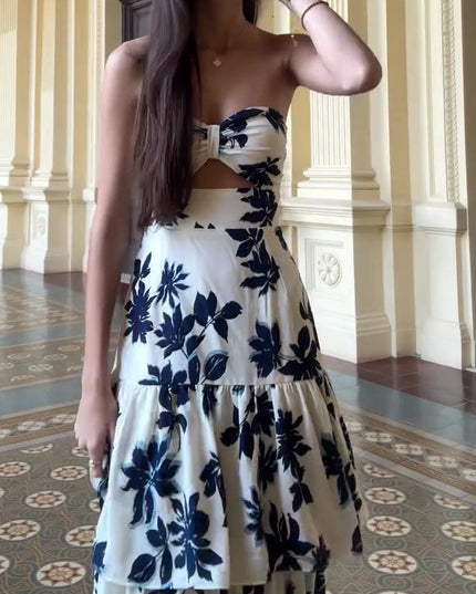 Strapless Printed Ruffle Maxi Dress