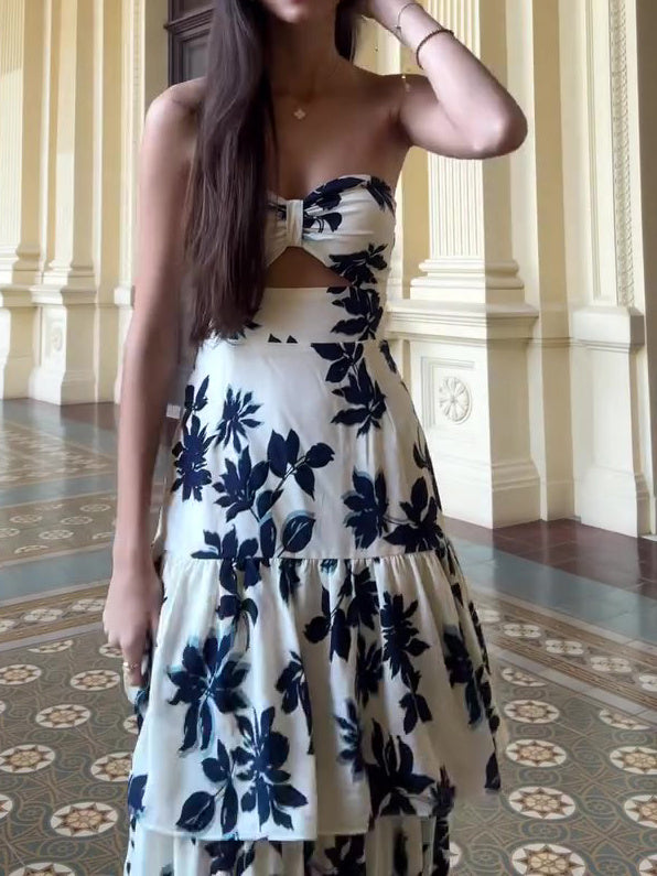 Strapless Printed Ruffle Maxi Dress