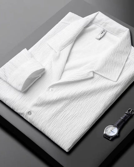 High-grade Cuban Collar Pleated Shirt Men's Long Sleeve