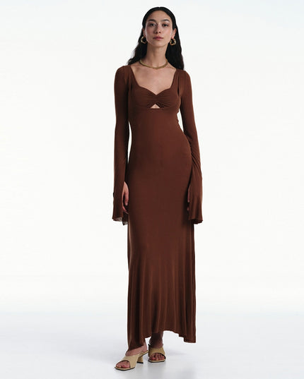 U-shaped Collar Long Sleeve Waist-tight Maxi Dress