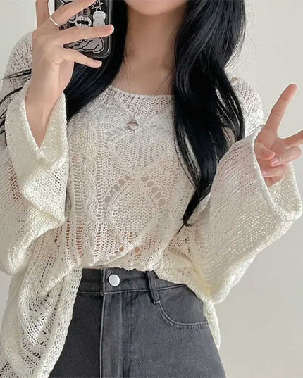 Hollow Jacquard Sun Protection Shirt Knitted Blouse Women Loose Thin Top