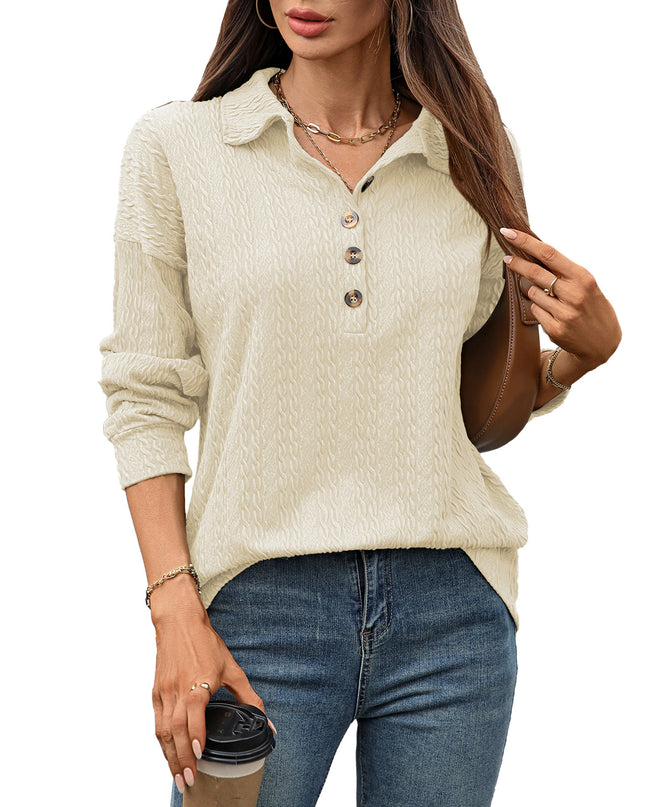 Solid Color Polo Collar Button Loose Long Sleeve Sweatershirt