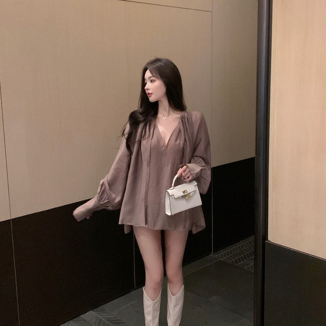 V-neck Slightly Transparent Autumn Loose Bubble Sleeve Shirt