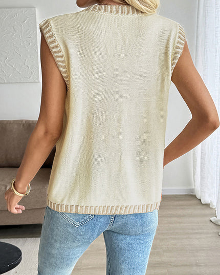 Classic Style Contrast Color Sleeveless Cardigan Knitted Vest Top For Women