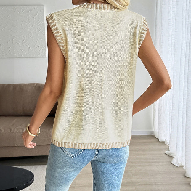 Classic Style Contrast Color Sleeveless Cardigan Knitted Vest Top For Women