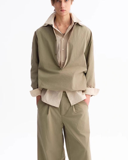 Green Leisure Commute Deep V Elastic Lower Hem Loose Long Sleeve