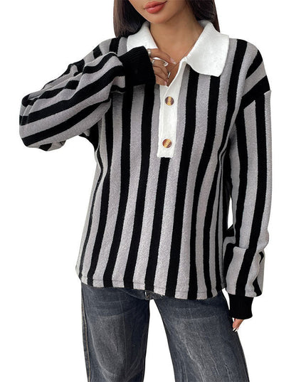 Autumn And Winter Unisex Style Vertical Stripes Lapel Knitted Pullover Sweater Women