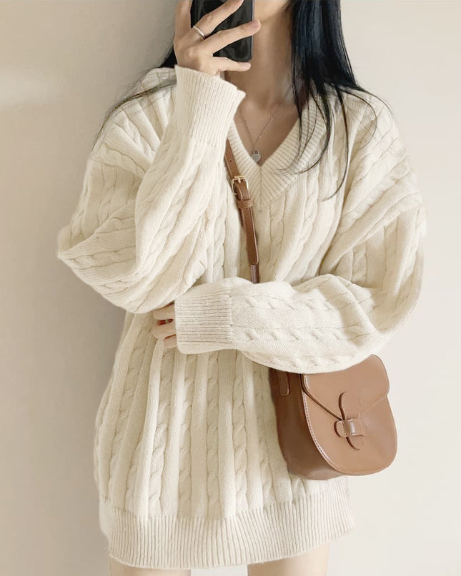 V-neck Mid-length Sweater Thick Long-sleeved Knitted Top