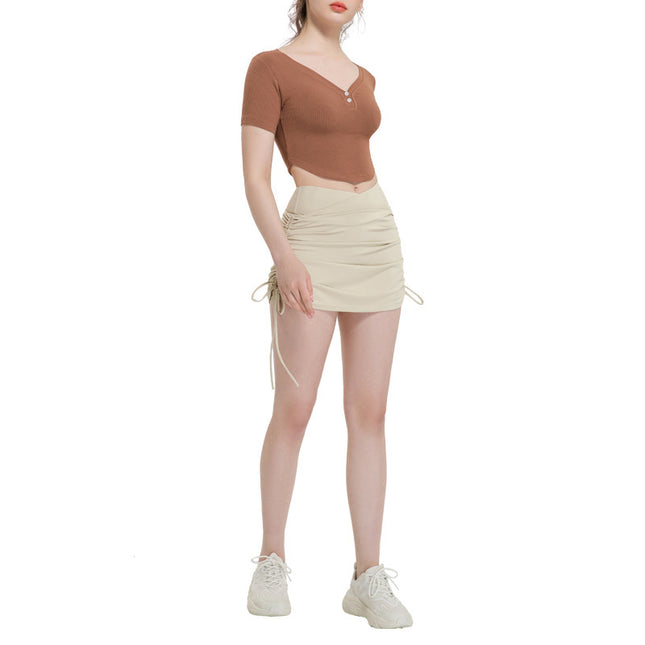 Drawstring High Top Sports Short Skirt Women's Running Anti-exposure Yoga Shorts