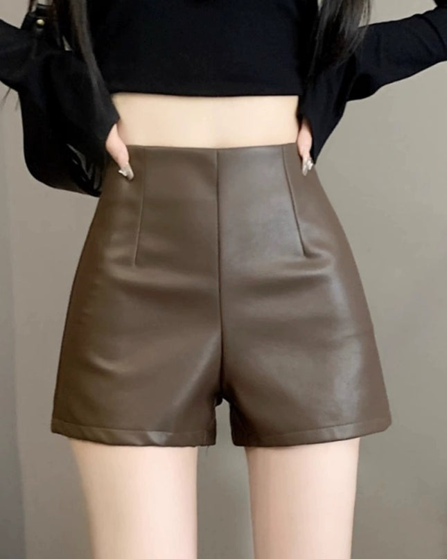 Women's High Waist Outer Wear Slimming PU Leather Shorts