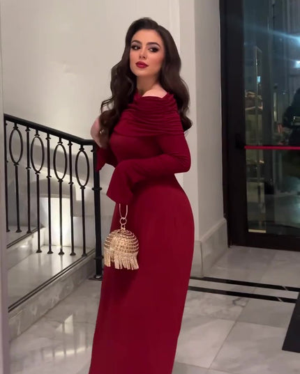 Burgundy Off-Shoulder Long-Sleeve Maxi Dress