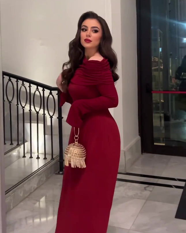 Burgundy Off-Shoulder Long-Sleeve Maxi Dress