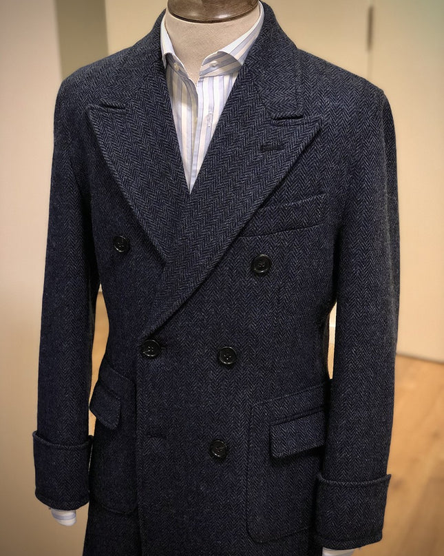 Polo Double Breasted Slim Vintage Tweed Men's Long English Wool Lapel Herringbone Coat