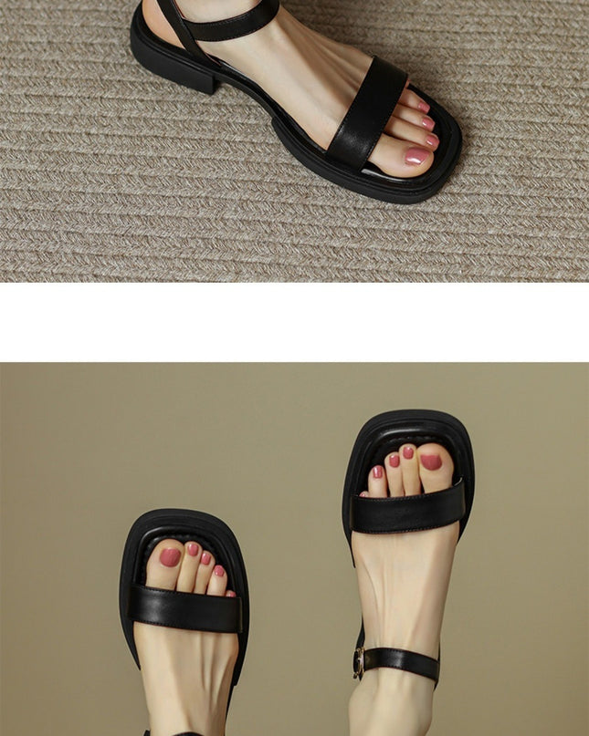 Women's Summer Flat Soft Sole Leather French Retro Platform Sandals