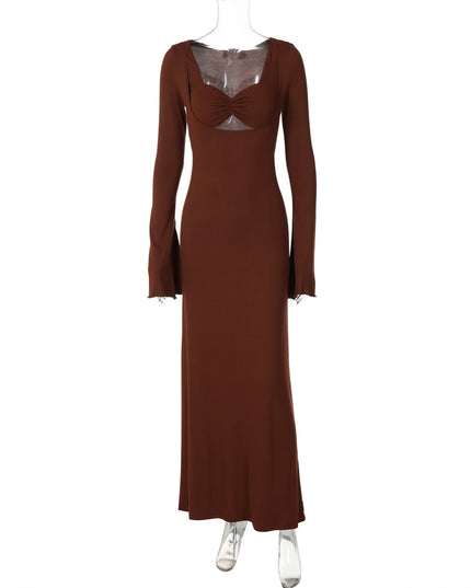 U-shaped Collar Long Sleeve Waist-tight Maxi Dress