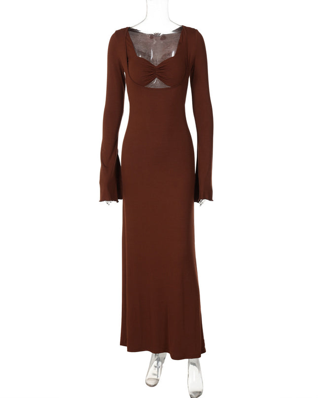 U-shaped Collar Long Sleeve Waist-tight Maxi Dress